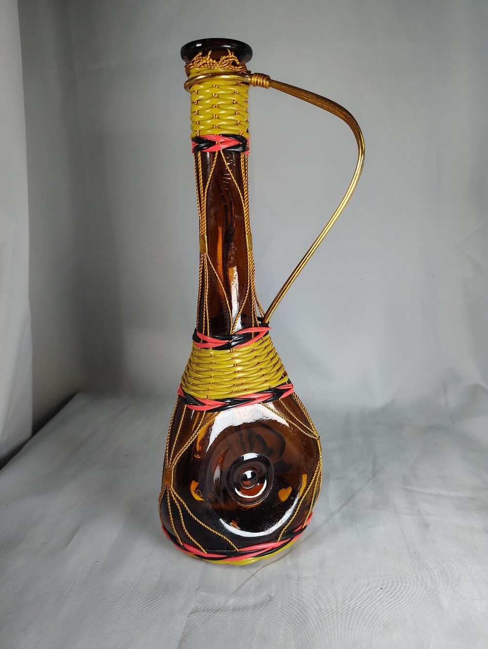 MCM Amber Glass Wine Decanter Genie Bottle Mediterranean Style With Handle